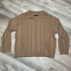Shein Sweater Women's oversized small Tan V neck Collared Lightweight Cable Knit